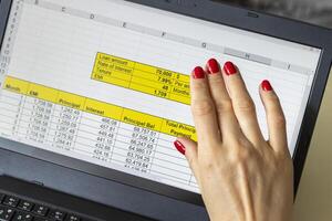 Close up shot of the woman with beautiful hands and manicure, working on the laptop, scrolling touch screen with mortgage loan amortization table open. Banking photo