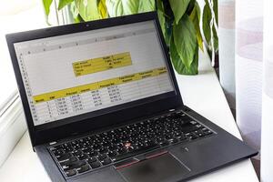 Shot of an excel sheet on computer screen showing bank loan amortization table. Accounting photo
