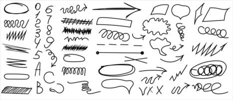 Grunge scribbles, pencil scribbles, rough strokes, underlines, circles, squares, frames. Bold hand-drawn charcoal stripes, ink shapes, arrows, marks. Pencil sketches. vector