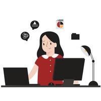 A business woman using two computers flat design illustration isolated in white background vector