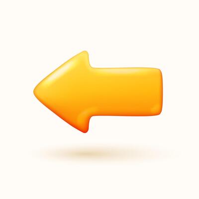 Realistic yellow arrow in cartoon 3D style isolated on white background.