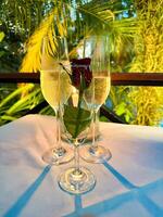 Close-up of three champagne glasses, one with a red rose, set on an elegant table with a tropical background. Perfect for romantic occasions, celebration invitations, and luxury dining promotions. photo