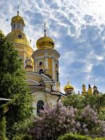 Scenic view of the golden domes of the Cathedral of the Vladimir Icon of the Mother of God, framed by lush greenery and a blooming garden in St. Petersburg. Perfect for travel, architecture, and religious-themed projects. photo