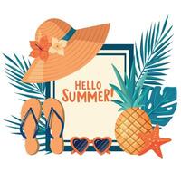 A colorful illustration featuring a summery scene with a straw hat, sunglasses, flip-flops, a pineapple, and tropical leaves. vector