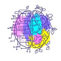 Brain with leaves and plants and Bionic robotic Brain with microchips logo emblem sign design. Line art illustration. Interaction between man and Artificial intelligence. Modern technology vector