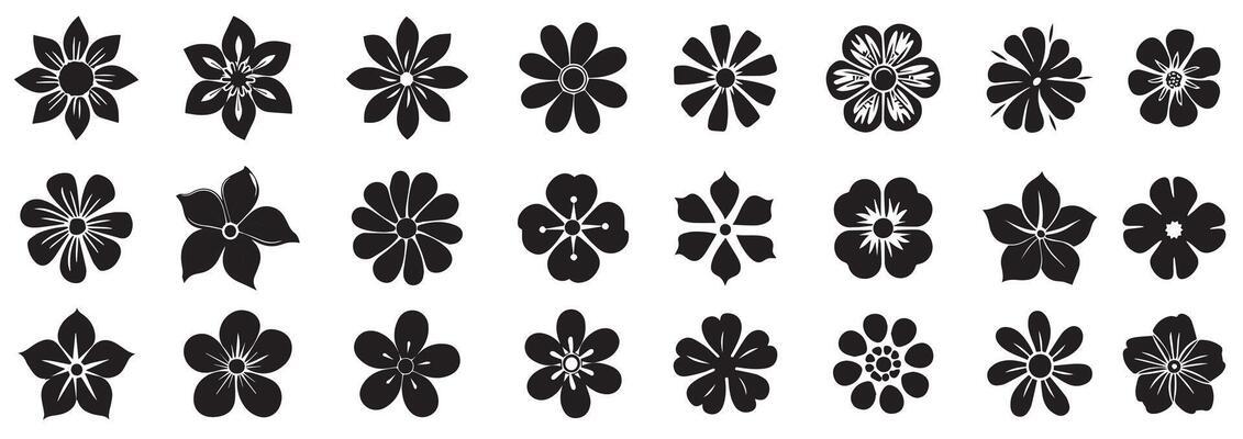 Flowers, plants set silhouette isolated. Constructor of trendy geometric postmodern primitive figures. Flower silhouette set for Poster, banner, Card, Invitation, Sticker, Greeting Cards template.