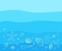 Blue waves flat background with hand drawn different outline sea stars and shells. Ocean background vector