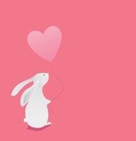 White bunny sitting on pink background with a heart on a string. Valentine's day greeting card with rabbit illustration vector