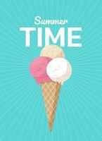 Ice Cream cone illustration with text on bright turquoise background. Summer Time poster design for ice cream cafe vector
