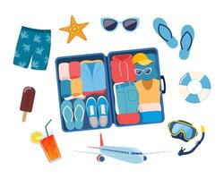 Open suitcase with clothes and summer beach elements around it. Summer colorful objects collection for outdoor trip vacation. illustration. vector