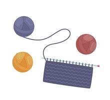 Knitting process, top view. Knitting on needles. Yarn and balls of thread. . vector