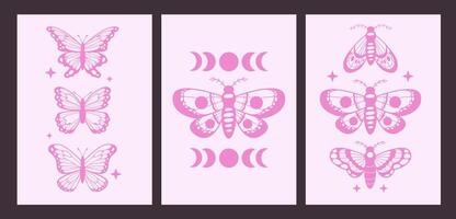 Abstract posters with magic outline butterfly in boho y2k style. Pink background with month insect and moon. Astrology aesthetics vector