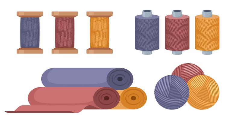 Spools of thread, rolls of fabrics for sewing and knitting. Natural woolen weave cloth. Wool thread, clew yarn. .