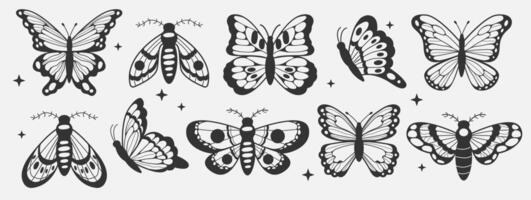 Set of abstract outline esoteric month stars in y2k ink style. Butterfly insect in trendy retro 2000s style. vector