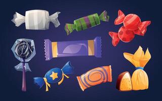 Multi-colored variety of candies, sweets and lollipops in bright wrappers. Set of isolated cartoon illustrations. vector