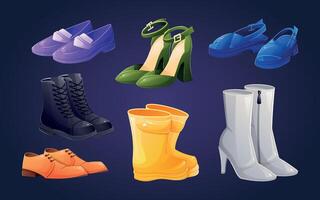 Collection of colorful and varied shoes. set of cartoon isolated illustrations of boots, high heels and sandals. vector