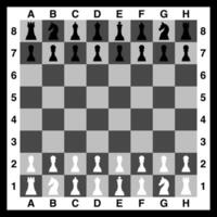 illustration depicts a chessboard set up for a game, with all the black and white chess pieces positioned on their squares vector