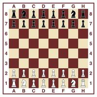 illustration depicts a chessboard set up for a game, with all the black and white chess pieces positioned on their squares vector