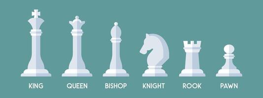 A illustration featuring white chess pieces with shadow effects and labeled names underneath vector