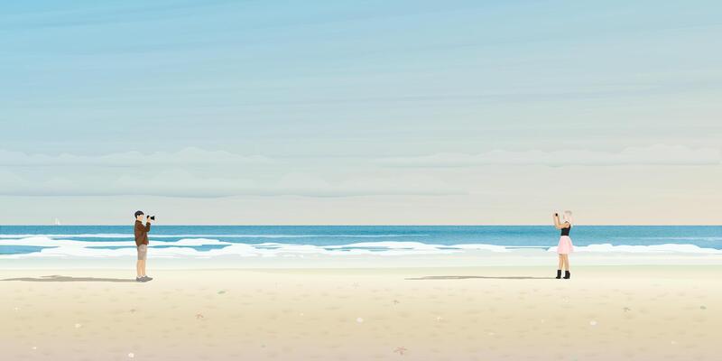 man taking picture by camera and woman taking picture together by smartphone at the beach with tropical blue sea and blue sky background graphic illustration. Journey of sweetheart concept.