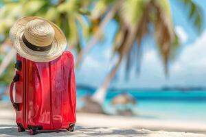 Ready for a Summer vacation. Red Suitcase at The Tropical Beach with Straw Hat. Summer vacation at a tropical beach with palm trees photo