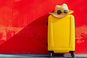 Ready for a Summer Adventure. Bright Yellow Suitcase with Straw Hat and Sunglasses Against a Vibrant Red Background photo