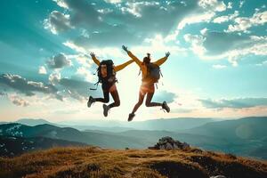 Enjoying Vacation. Enjoying Hikers with Backpacks Jumping with Arms Up on Mountain Summit photo