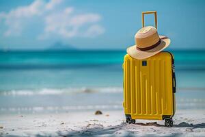 Ready for a Summer vacation. Yellow Suitcase at The Tropical Beach with Straw Hat. Summer vacation at a tropical beach with palm trees photo