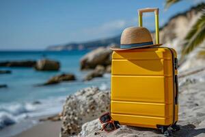 Ready for a Summer vacation. Yellow Suitcase at The Tropical Beach with Straw Hat. Summer vacation at a tropical beach with palm trees photo