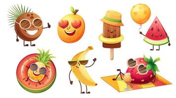 Set of fun summer fruits and ice cream with emoji. Summer fun food, hello summer. characters vector