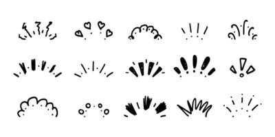 Doodle celebration fireworks icon set. Hand-drawn ink sketch design. Confetti decorative elements. Lightning, explosion, sunburst, fireworks, bling. vector