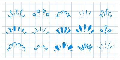Doodle celebration fireworks icon set on checkered notebook sheet background.. Hand-drawn ink sketch design. Confetti decorative elements. Lightning, explosion, sunburst, fireworks, bling. vector