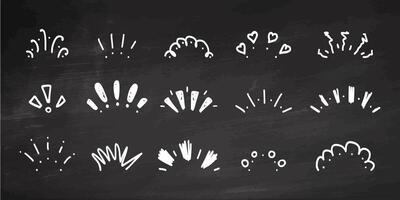 Doodle celebration fireworks icon set on chalkboard background. Hand-drawn ink sketch design. Confetti decorative elements. Lightning, explosion, sunburst, fireworks, bling. vector