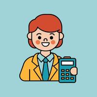This is a cartoon image of a person with short red hair and a yellow suit and tie. They are sitting at a desk with a stack of books, a notepad, and a pen on it. vector