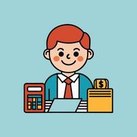This is a cartoon image of a person with short red hair and a yellow suit and tie. They are sitting at a desk with a stack of books, a notepad, and a pen on it. vector
