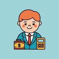 This is a cartoon image of a person with short red hair and a yellow suit and tie. They are sitting at a desk with a stack of books, a notepad, and a pen on it. vector
