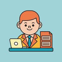 This is a cartoon image of a person with short red hair and a yellow suit and tie. They are sitting at a desk with a stack of books, a notepad, and a pen on it. vector