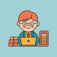 This is a cartoon image of a person with short red hair and a yellow suit and tie. They are sitting at a desk with a stack of books, a notepad, and a pen on it. vector