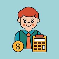 This is a cartoon image of a person with short red hair and a yellow suit and tie. They are sitting at a desk with a stack of books, a notepad, and a pen on it. vector