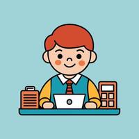 This is a cartoon image of a person with short red hair and a yellow suit and tie. They are sitting at a desk with a stack of books, a notepad, and a pen on it. vector