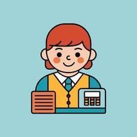 This is a cartoon image of a person with short red hair and a yellow suit and tie. They are sitting at a desk with a stack of books, a notepad, and a pen on it. vector