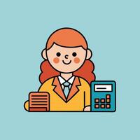 This is a cartoon image of a person with short red hair and a yellow suit and tie. They are sitting at a desk with a stack of books, a notepad, and a pen on it. vector