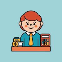 This is a cartoon image of a person with short red hair and a yellow suit and tie. They are sitting at a desk with a stack of books, a notepad, and a pen on it. vector