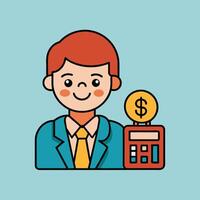 This is a cartoon image of a person with short red hair and a yellow suit and tie. They are sitting at a desk with a stack of books, a notepad, and a pen on it. vector