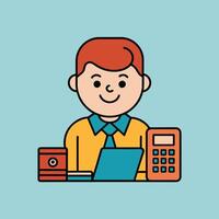This is a cartoon image of a person with short red hair and a yellow suit and tie. They are sitting at a desk with a stack of books, a notepad, and a pen on it. vector