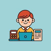 This is a cartoon image of a person with short red hair and a yellow suit and tie. They are sitting at a desk with a stack of books, a notepad, and a pen on it. vector