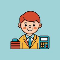 This is a cartoon image of a person with short red hair and a yellow suit and tie. They are sitting at a desk with a stack of books, a notepad, and a pen on it. vector