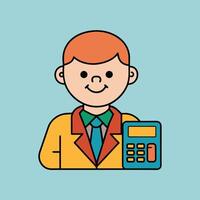 This is a cartoon image of a person with short red hair and a yellow suit and tie. They are sitting at a desk with a stack of books, a notepad, and a pen on it. vector