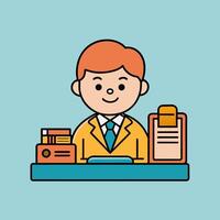 This is a cartoon image of a person with short red hair and a yellow suit and tie. They are sitting at a desk with a stack of books, a notepad, and a pen on it. vector