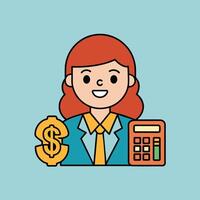 This is a cartoon image of a person with short red hair and a yellow suit and tie. They are sitting at a desk with a stack of books, a notepad, and a pen on it. vector